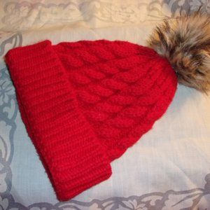 Red Knit Cotton Blend Hat with Pom Pom Size M